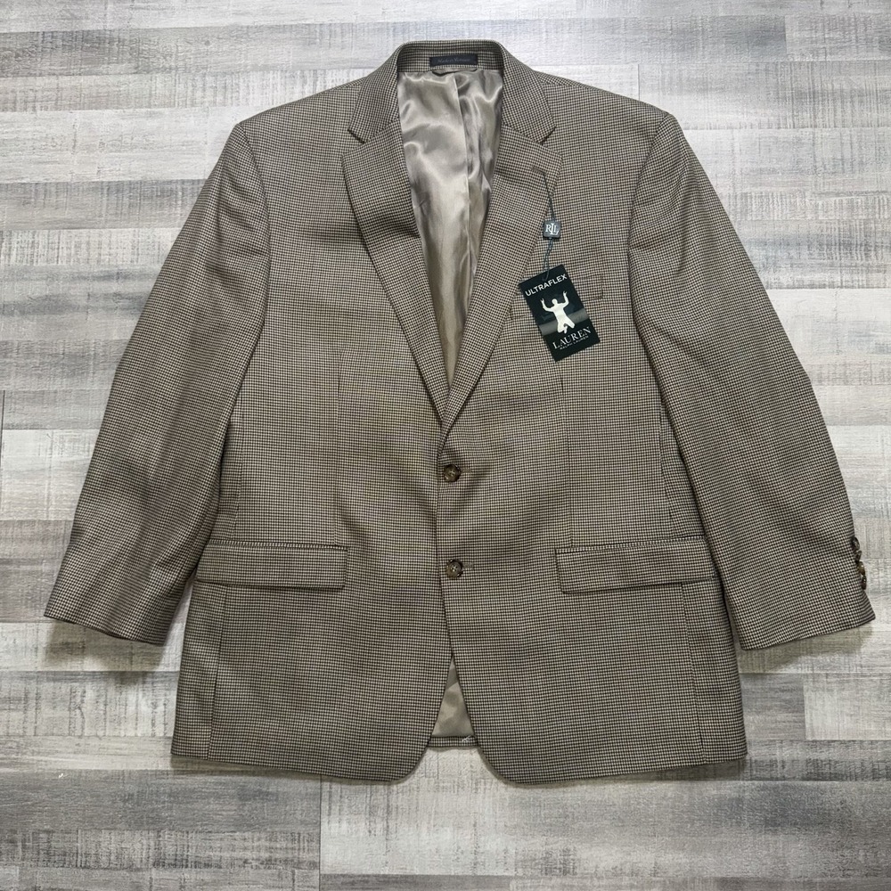 NEW Lauren Ralph Lauren Blazer 44R Brown Houndstooth Glen Plaid Polyester Blend